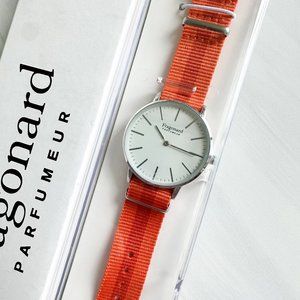 NIB French FRAGONARD PARFUMEUR Limited Edition Orange Retro Style Analog Watch